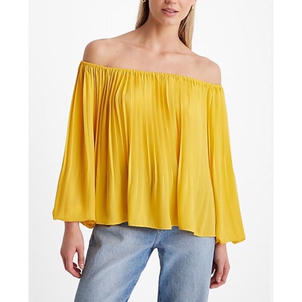 Express Pleated Off The Shoulder Blouse Balloon Sleeve Accordion Mustard Top XL